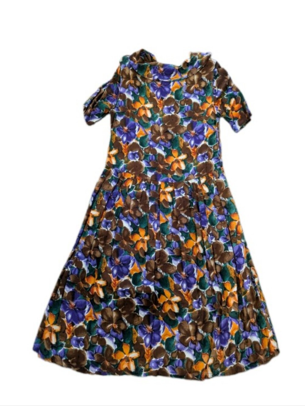 Vintage 70s Floral Fit & Flare Dress Statement Peter Pan Collar Retro Midi - Picture 4 of 9